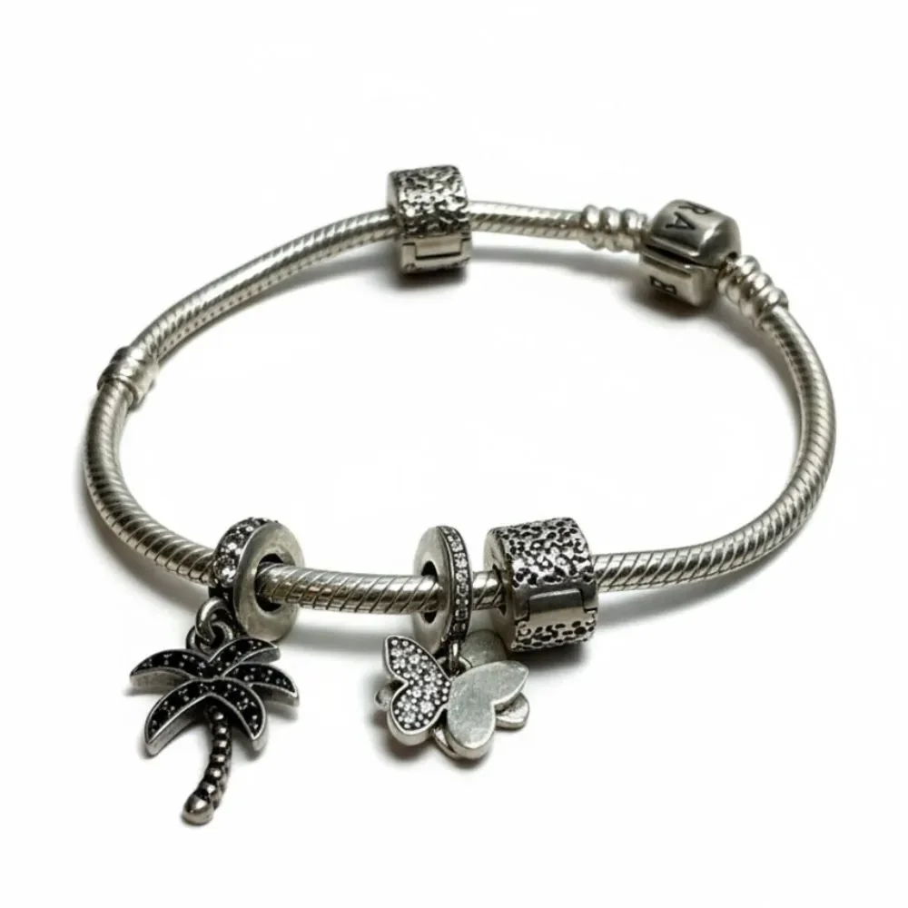 Authentic Pandora Sterling Silver 925 Bracelet w/ Palm Tree, Butterfly Charms